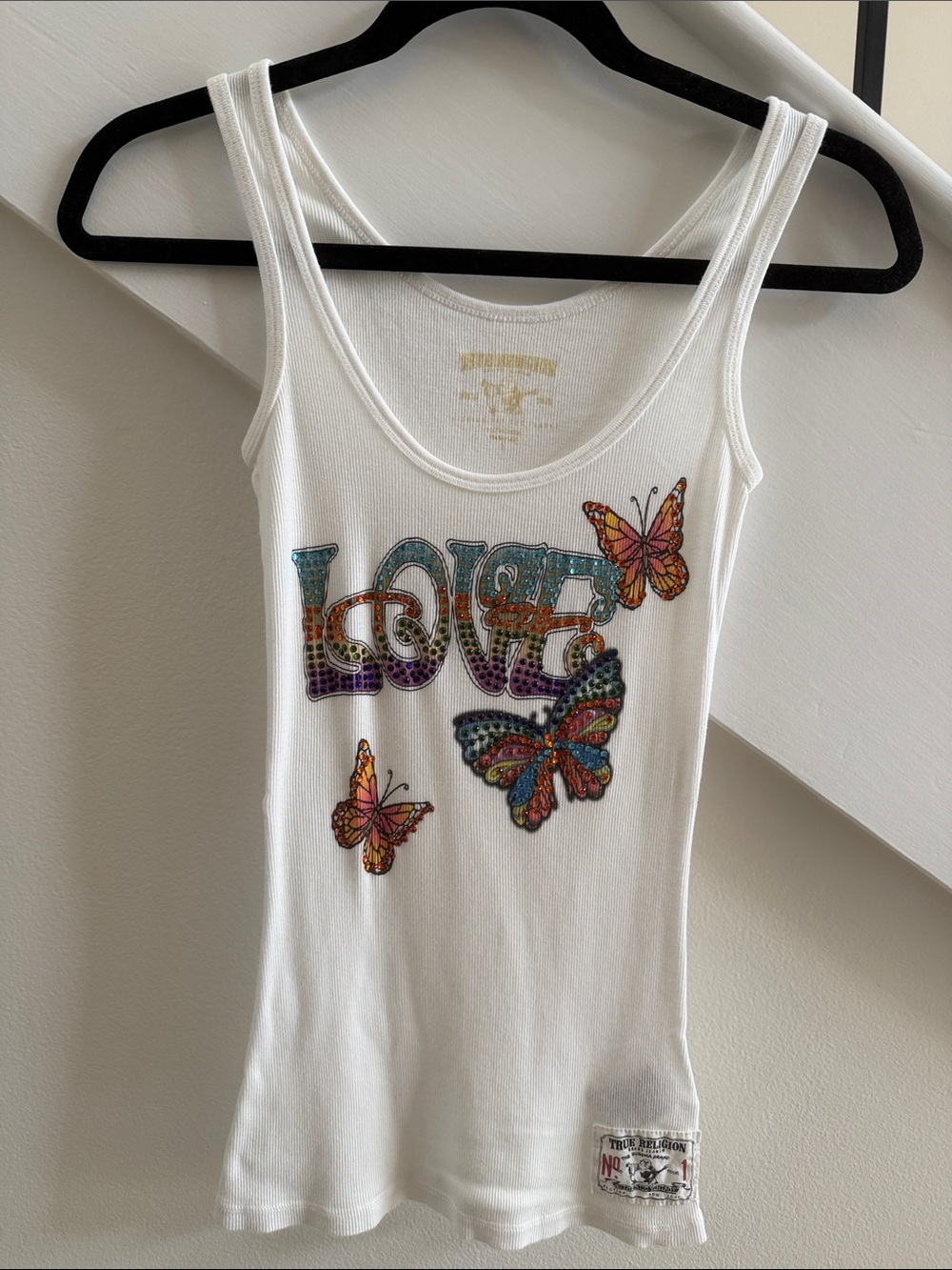 True Religion White Tank with Multicolored Butterfly LOVE Graphic